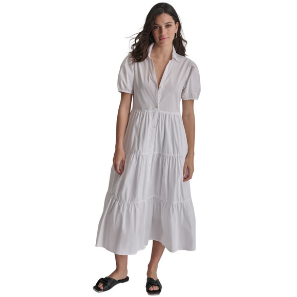 DKNY Women Poplin Dress with Puff Sleeve White Size M - Picture 1 of 4